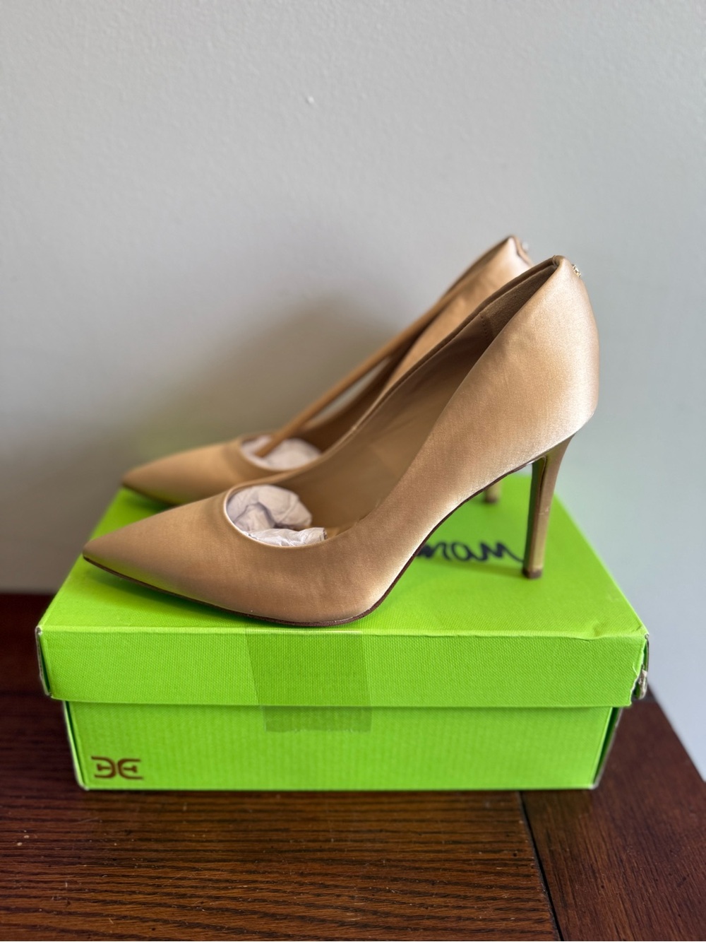 Sam Edelman Classic Pointed-Toe Satin‎ Pumps in gold satin